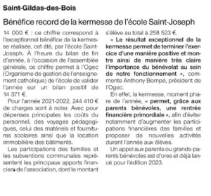 OF 24-12-2022 Bilan kermesse - Ecole Saint Joseph - Saint Gildas des Bois 44